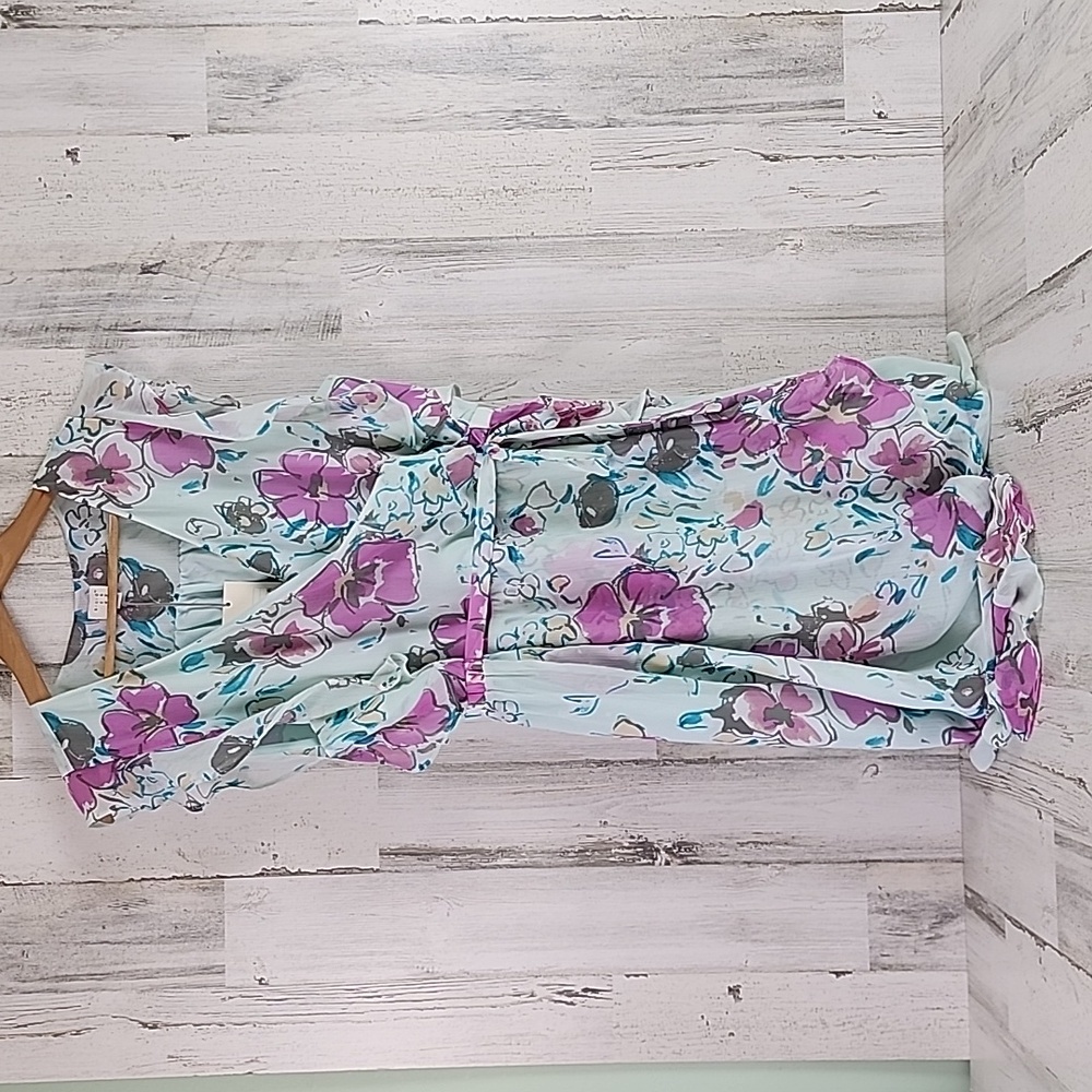 A new day aqua violet floral print ruffled faux wrap lined dress Size Large NEW